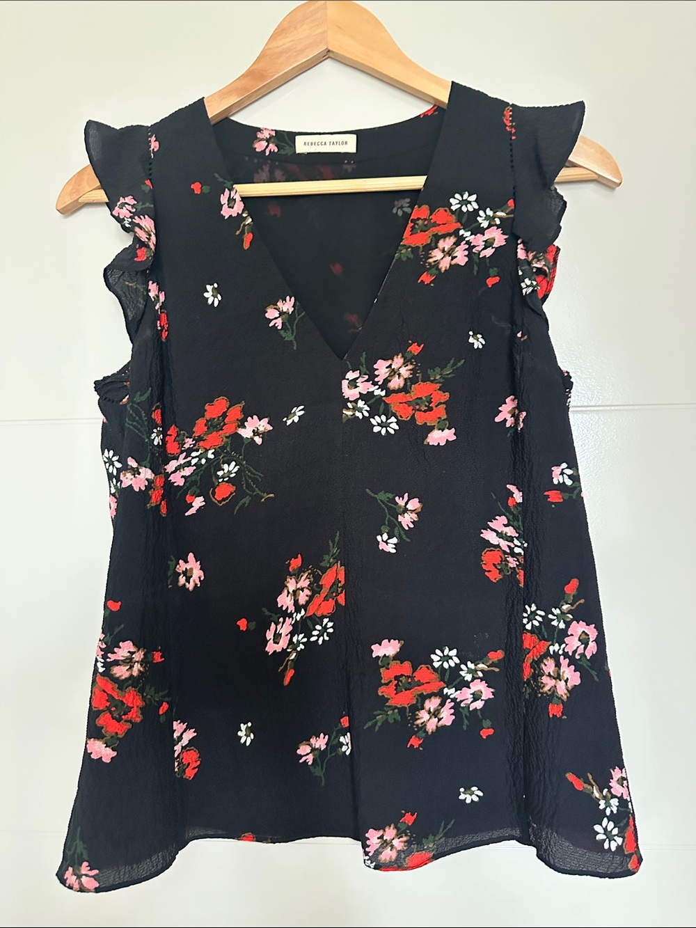 Rebecca Taylor Black Floral V-Neck Ruffle Sleeve Camisole